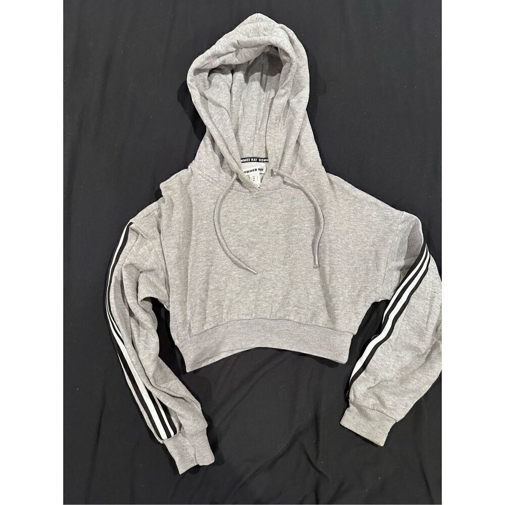 Size S cropper hoodie gray with black and white stripes on sleeves